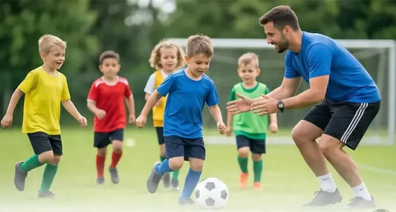 Trainer die een voetbaltraining voor kinderen geeft